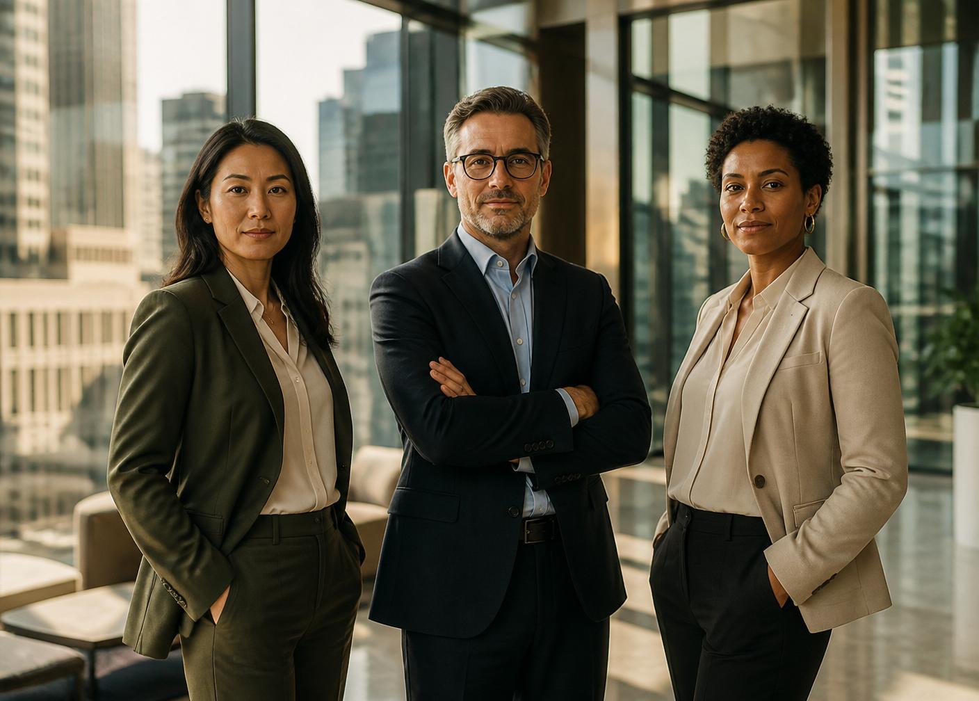 Business leaders standing in a modern city office overlooking the skyline